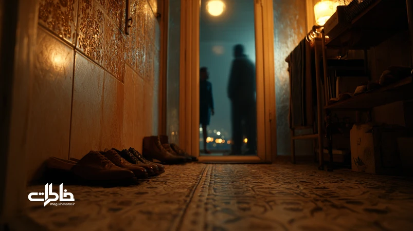 قرار کوتاه دمِ در با نور ملایم؛ دو جفت کفش کنار چارچوب و گفت‌وگوی کوتاه برای ساختن خاطرات و صمیمیت محله در آپارتمان ایرانی
