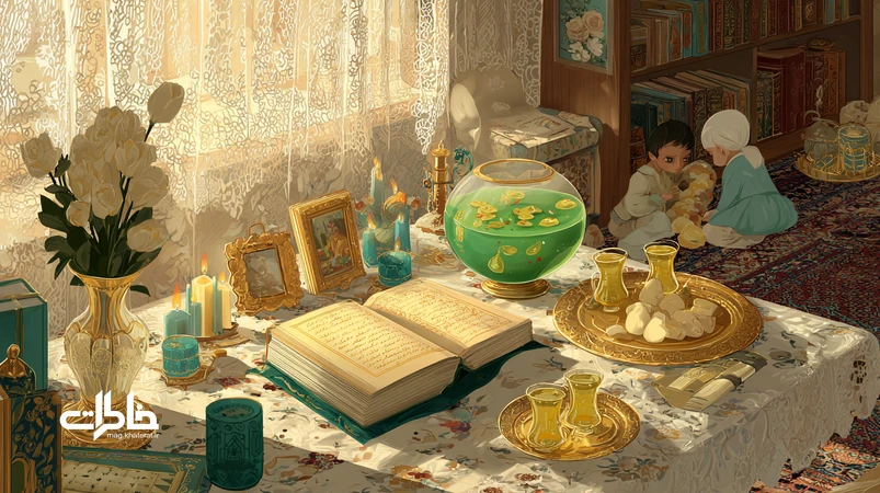 تصویر نوروزیِ نوستالژیک با هفتسین، قرآن باز و پول عیدی تانخورده لای قرآن، نور گرم صبحگاهی و شادی سادهٔ خانوادهٔ ایرانی