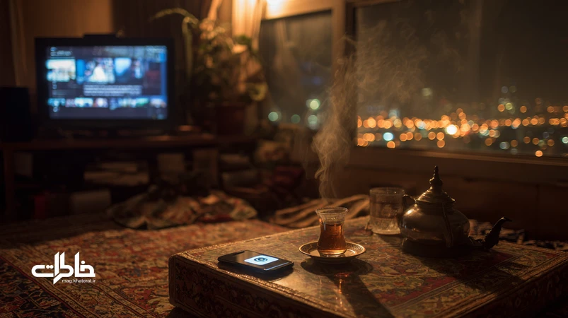 صحنه‌ای شبانه از آپارتمان ایرانی با تلویزیون خبر بی‌صدا، پیام وویس واتساپ و استکان چای؛ نماد فرسودگی عاطفی و دل‌خستگی از خبر و نیاز به پناه عاطفی.