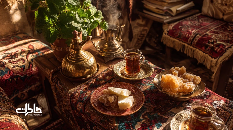 میز چای عصرانه ایرانی با استکان‌های کمر باریک، سماور و نبات؛ فضایی گرم و ساده برای صمیمیت محله و ساختن خاطرات