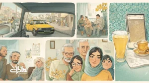 تصویر مفهومی از طنز سیاسی روزمره در زندگی شهری ایران؛ تاکسی خطی، صف اداری، مهمانی خانوادگی و گفت‌وگوی گروهی مجازی با حال‌وهوای نوستالژیک.مجله خاطرات