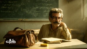 معلم دهه شصت با عینک ته‌استکانی در کلاس ایرانی؛ بخار روی شیشه‌ها، کیف چرمی مدرسه، دفتر کاهی و حس نوستالژی و وقار مراقبت.مجله خاطرات