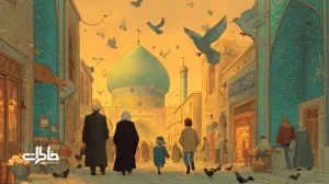 تصویر زیارت خانوادگی در مشهد با خانوادهٔ چندنسلی، گنبد طلایی، کبوترهای حرم، چای زعفرانی و کفش‌های کنار در؛ حال‌وهوای نوستالژیک و آرام.