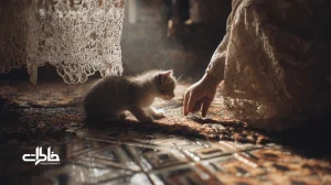 پنجه‌های کوچک اولین حیوان خانگی روی موزاییک خانه ایرانی، دست کودک در نور عصرگاهی؛ نمادی از مسئولیت‌پذیری و دوست‌داشتن بی‌قید‌وشرط در خاطرات. مجله خاطرات