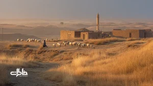 نمای پانورامای روستای ایرانی با نی چوپان، زنگ گله، مناره مسجد و زنان کنار تنور؛ بازنمایی صداهای فراموش‌شده و نقشه صوتی خاطرات محلی.