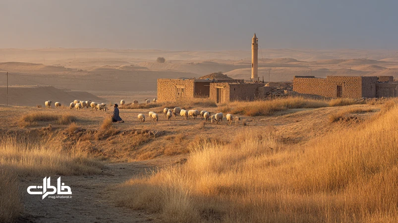 نمای پانورامای روستای ایرانی با نی چوپان، زنگ گله، مناره مسجد و زنان کنار تنور؛ بازنمایی صداهای فراموش‌شده و نقشه صوتی خاطرات محلی.