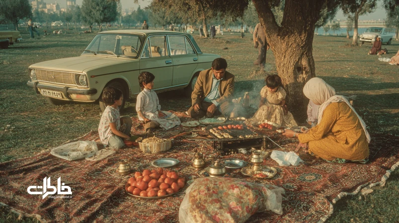 تصویر نوستالژیک پیکنیک جمعه ایرانی؛ خانواده دور سفره روی پتو گلبافت، سماور و منقل کباب در پارک کنار رودخانه؛ آیین جمعی دهه ۶۰ تا ۸۰ ایران