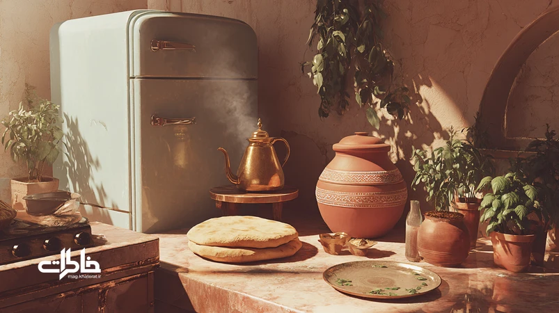 آشپزخانه ایرانی با یخچال مدرن و کوزه سفالی روی استند چوبی، نور گرم، سماور برنجی و کاسه آب؛ ترکیبی از سادگی نوستالژیک و آرامش در زندگی امروز