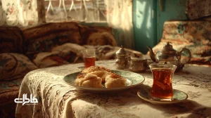 بشقاب گز سنتی کنار استکان چای در نور ظهر، نماد طعم کودکانه و خاطرات مهمانی‌های سادهٔ ایرانی