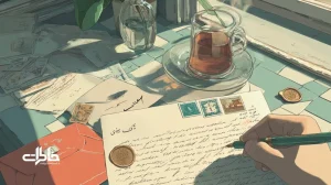 جوان نسل Z در خانه‌ای ایرانی در حال نوشتن نامه کاغذی با تمبر و مهر مومی؛ نمادی از بازگشت نامه‌نویسی و بوی کاغذ نامه در عصر دیجیتال