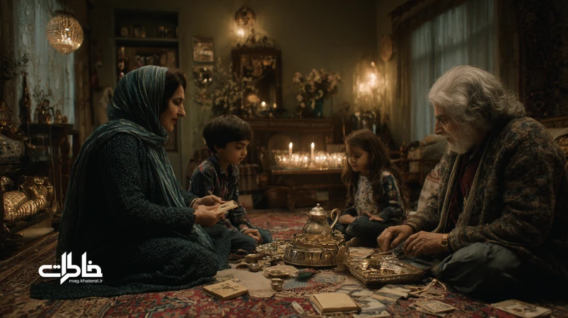 تصویر یک خانوادهٔ چندنسلی ایرانی در کنار سماور و آلبومهای قدیمی؛ انتقال خاطرات و رازهای نسلها برای بماندن به یادگار و پرهیز از چرخهٔ تکرار