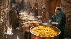 قیمه‌نثار قزوین در عروسی محلی با دیگ‌های مسی بزرگ در کوچهٔ باریک، بخار زعفران، برنج زعفرانی و ته‌دیگ طلایی؛ همیاری زنان و حال‌وهوای جشن.مجله خاطرات