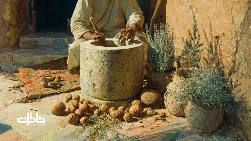 هاون سنگی ایرانی با قروتِ کوبیده و آویشن کویری در حیاط کاهگلی؛ روایت بصری خوراک قروتو و پیوندش با اقلیم کویر و ابزار سنتی.مجله خاطرات