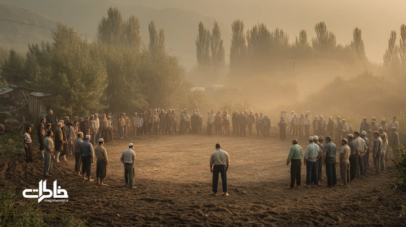کشتی گیله‌مردی در میدان خاکی شمال با مرشد، شال پهلوانی و حلقه تماشاچی؛ آیین قول شرف و احترامِ بعد از نبرد.