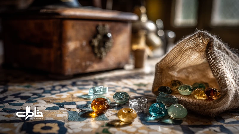 کیسه کوچک دکمه‌های شیشه‌ای قدیمی روی موزاییک با جعبه خیاطی مادر و نور عصرگاهی؛ نمادی از نوستالژی و زیبایی دکمه‌های شیشه‌ای در لباس‌های ایرانی
