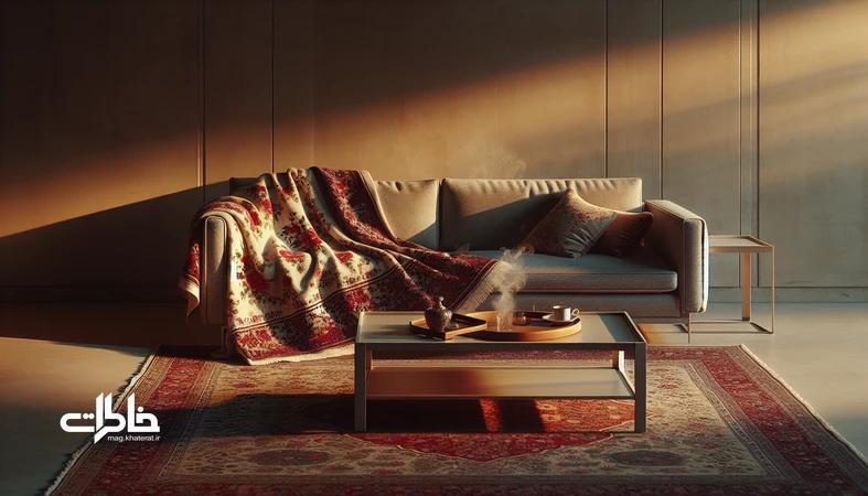 دکوراسیون مدرن ایرانی با پتو گلبافت طرح گل درشت روی مبل طوسی، نور گرم عصرگاهی و حس نوستالژی در فضا