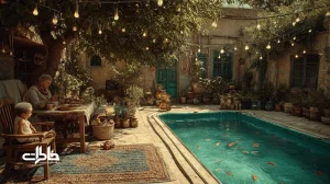 حیاط خلوت خانه مادربزرگ با سبزی خشک‌کردن، حوض فیروزه‌ای و سایه درخت توت؛ فضایی نوستالژیک برای خاطرات خانوادگی