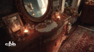 آینه و شمعدان مادربزرگ روی بوفهٔ قدیمی با نور شمع و بازتاب روی فرش ایرانی؛ تصویری نوستالژیک از آیین‌های خانگی و آغاز روشن.