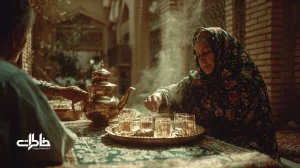 سینی چای آشتی در خانه حیاط‌دار دهه شصت با مادربزرگ، سماور، بخار چای و حبه قند برای آب‌قندی کردن کینه‌ها و آشتی‌های خانگی