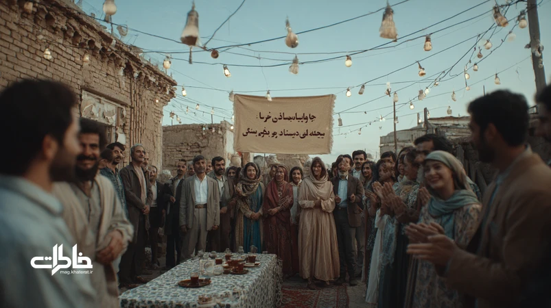 عکس دسته‌جمعی اعتراض و جشن در ایران با پلاکارد دست‌دوز و نور ظهر؛ نمایی از آرشیو غیررسمی مردم و حافظه جمعی ایرانی.