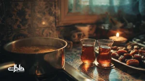 سینی خرمای پرشده و قابلمه حلوای زعفرانی در آشپزخانه‌ای ایرانی؛ تصویر نمادین از حلوا و خرما در مراسم ترحیم و سوگ برای تسکین جمعی.