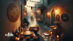 کوچه‌ای ایرانی در محرم با بخار دیگ حلوا آردی نذری، سینی استکان چای و پرچم‌های عزا؛ تداعی‌گر بوی هل و زعفران و خاطرات محرم