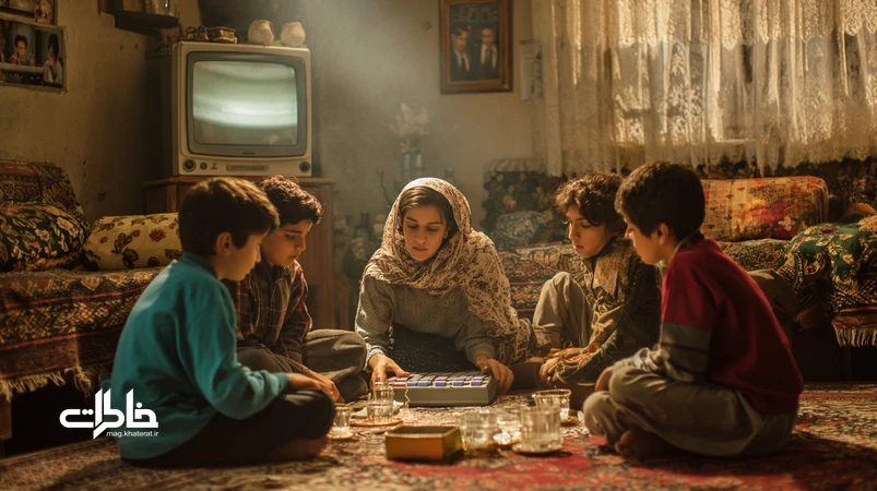 صحنه‌ای از اتاق پذیرایی ایرانی دهه ۷۰ با کودکان دور آتاری دستی روی فرش، رقابت برادرانه و صداهای بیپ بازی‌های جیبی در فضای .مجله خاطراتنوستالژیک