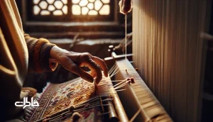 دست‌های بافندهٔ ایرانی روی دارِ قالیچه دست‌باف با پشم‌های رنگرزی طبیعی در رنگ‌های زعفرانی، نیلی و اناری؛ تاکید بر لمس انسانی در عصر ماشینی.