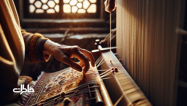 دستهای بافندهٔ ایرانی روی دارِ قالیچه دستباف با پشمهای رنگرزی طبیعی در رنگهای زعفرانی، نیلی و اناری؛ تاکید بر لمس انسانی در عصر ماشینی.