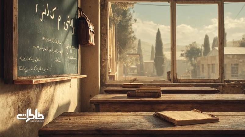 کلاس چوبی نوستالژیک با تختهسیاه، کیف چرمی و دفتر کهنه و نوشتهٔ «درس کازرون»، یادآور کتاب آقای هاشمی و خاطرات زنگ مدرسه.مجله خاطرات