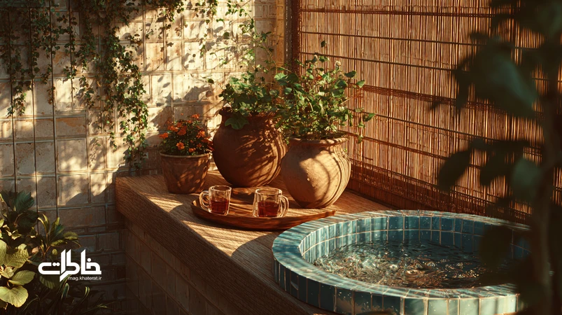 حیاط خلوت در معماری ایرانی با آبنمای کوچک آبی، گلدان‌های شمعدانی و پرده حصیری؛ ترجمه‌ای امروزی از باغِ درون در بالکن آپارتمانی
