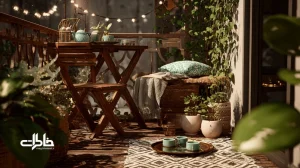 حیاط خلوت کوچک آپارتمانی با صندلی چوبی، گلدان‌های ریحان و شمعدانی و ریسه‌های نور؛ بازآفرینی خاطرات حیاط ایرانی برای آرامش روزمره.
