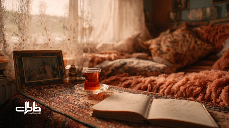 تصویر شاعرانهٔ اتاق ایرانی با نور عصرگاهی و لیوان چای نیمهخورده؛ نمادی از ترمیم زخمهای درونی با خاطرات خوب و آیینهای کوچک روزمره.مجله خاطرات