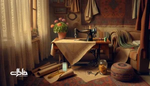 تصویر نوستالژیک از الگوهای خیاطی خانگی در ایران؛ کاغذ الگو، متر پارچه‌ای، ظرف دکمه‌های قدیمی و نشانه‌های هوش مصنوعی کنار چرخ خیاطی دستی.