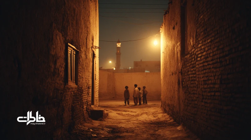 غروب دهه ۶۰ در کوچه ایرانی با نور چراغ نفتی، رادیو روی طاقچه، بخار چای و سایههای بلند روی کف سیمانی؛ بازنمایی بوی نفت، صدای رادیو و سکوت محله.