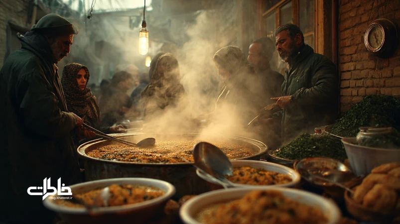 دیگ آش نذری در کوچهٔ محرم با بخار و پیازداغ؛ زنان و مردان در حال پخش، بازار محلی و کاسه‌های آماده؛ روایت مردم‌نگارانهٔ آش‌های ایران