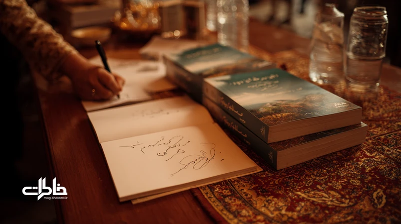 صحنه امضای کتاب در فرهنگسرای ایرانی با دست نویسنده، صفحه اول امضا شده و صف کوتاه خوانندگان؛ خاطره، نوستالژی و پیوند نویسنده و خواننده.