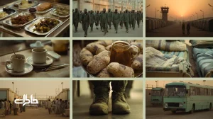 صحنه‌ای مردم‌نگارانه از سربازی در ایران: صف صبحگاه، خوابگاه با تخت‌های دوطبقه، برجک نگهبانی مرزی و جزئیات روزمره؛ خاطرات سربازی و نوستالژی پادگان.مجله خاطرات