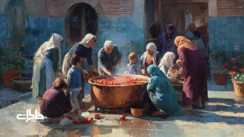 دیگ مسی بزرگ در حیاط خیس؛ پخت رب خانگی با همکاری خانوادگی و همسایه‌ها، بخار گوجه و هم‌زدن جمعی در یک آیین نوستالژیک ایرانی.