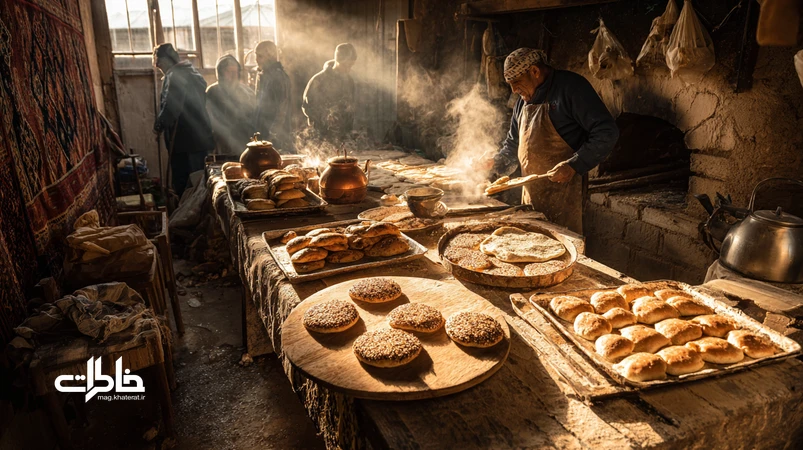 تصویر نانوایی محلی ایران با تنور سنگی، تافتون داغ و کماج کنجدی؛ روایت بصری از نان‌های محلی و رموز پخت خانگی