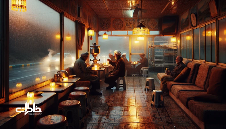 استراحتگاه بین‌راهی ایرانی با نور زرد لامپ، تخت‌های فلزی و بخار چای و غذا؛ پناهگاهی امن و موقتی در مسیر سفرهای مدرن. مجله خاطرات