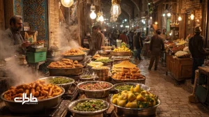 تصویر قوم‌نگارانه از خوراک‌های خیابانی شهرهای ایران؛ لبو، باقالی، بلال، فلافل آبادان، فالوده شیراز و باقلوای داغ بازار در فضای بازار و خیابان، پیونددهنده خاطرات و طعم‌های ماندگار.