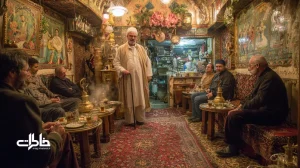 نقالی قهوه‌خانه در چایخانه ایرانی با سماور، استکان چای و نقاشی‌های شاهنامه؛ حماسه‌خوانی و خاطره‌گویی در فضایی صمیمی و نوستالژیک