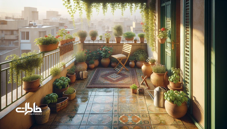 بالکن ایرانی پر از گلدانهای شمعدانی، ریحان و یاس با کف سرامیکی خیس، سایهی برگها و آبپاش فلزی؛ راهنمای ساخت تراس سبز در آپارتمانهای شیشهای
