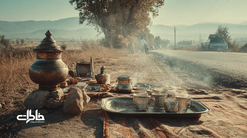 پیکنیک ایرانی کنار جاده با سماور زغالی در ظهر جمعه، سینی چای و لیوانهای لعابی زیر سایهی درخت و دود ملایم زغال