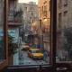 منظر شهری از پشت پنجره در ایران؛ کوچه با رخت پهن‌شده، نانوایی محله، تاکسی‌های زرد و بالکن‌های پرگلدان در نور عصرگاهی.مجله خاطرات