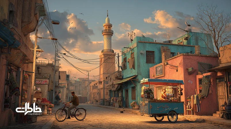 منظرهای نوستالژیک از صداهای شهرهای ایران: اذان مسجد، بستنیفروش دورهگرد با زنگ، زنگ دوچرخه و قطار شهری در پسزمینه.