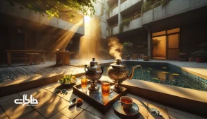 عکس عصرانه‌ی حیاط ایرانی با سماور و استکان‌های چای، بخار چای، سایه‌ی درخت و دیوارهای سیمانی؛ دعوتی به آرامش و چای دورهمی در فضای شهری