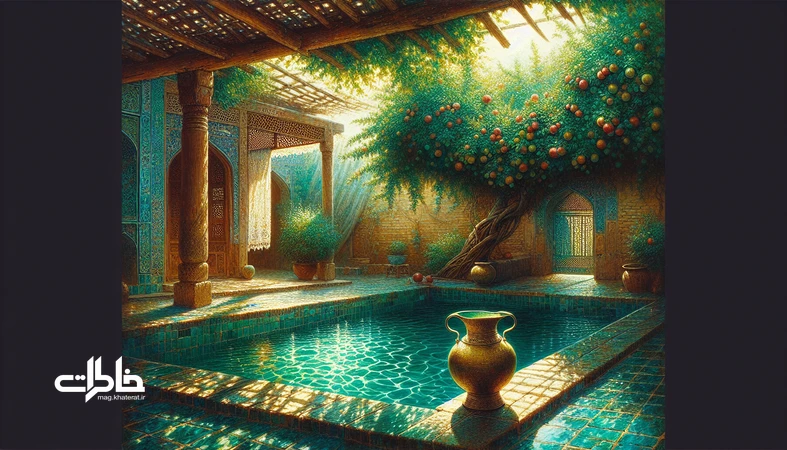 حیاط ایرانی با حوض فیروزه‌ای و کاشی خیس در ظهر تابستان؛ انعکاس نور بر آب، کوزه آب خنک و سایهٔ درخت؛ تداعی بوی حوض و کاشی خیس و خنکای تابستان