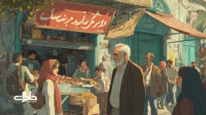 تصویر مفهومی از لهجه‌ها و گویش‌های محلی ایران در بازار، حیاط شیرازی، صف نانوایی و اتوبوس؛ نقش لهجه در هویت و خاطرات جمعی